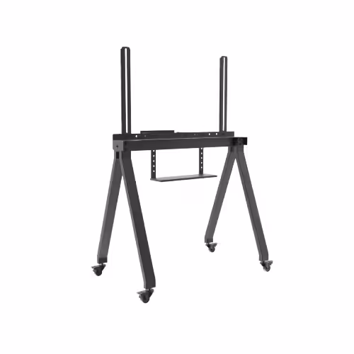 עגלה ניידת עם גלגלים ננעלים למסכים עד 75", מסגרת מתכת שחורה עם ארבע רגליים ושני עמודים לתלייה, מוצגת על רקע לבן.